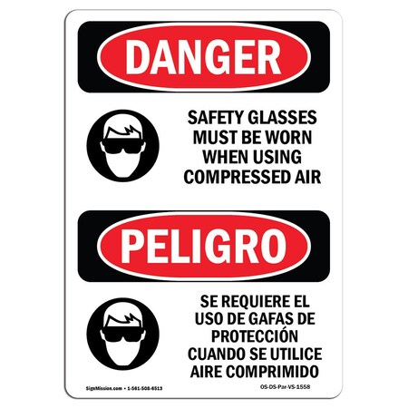 Signmission OSHA Danger, Safety Glasses Must Be Worn Bilingual, 10in X 7in Decal, 7" W, 10" H, Bilingual Spanish OS-DS-D-710-VS-1558